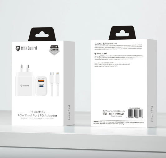 Maxguard PD 45W wall charger with Type-C to Lightning combo 45PDLC