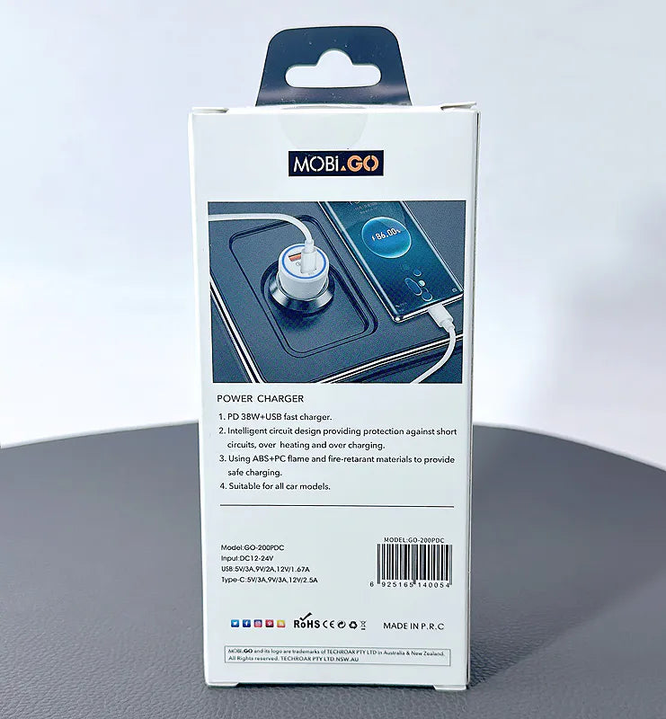 Mobigo 38W USB A+C car charger with Type-C to C combo GO200PDC