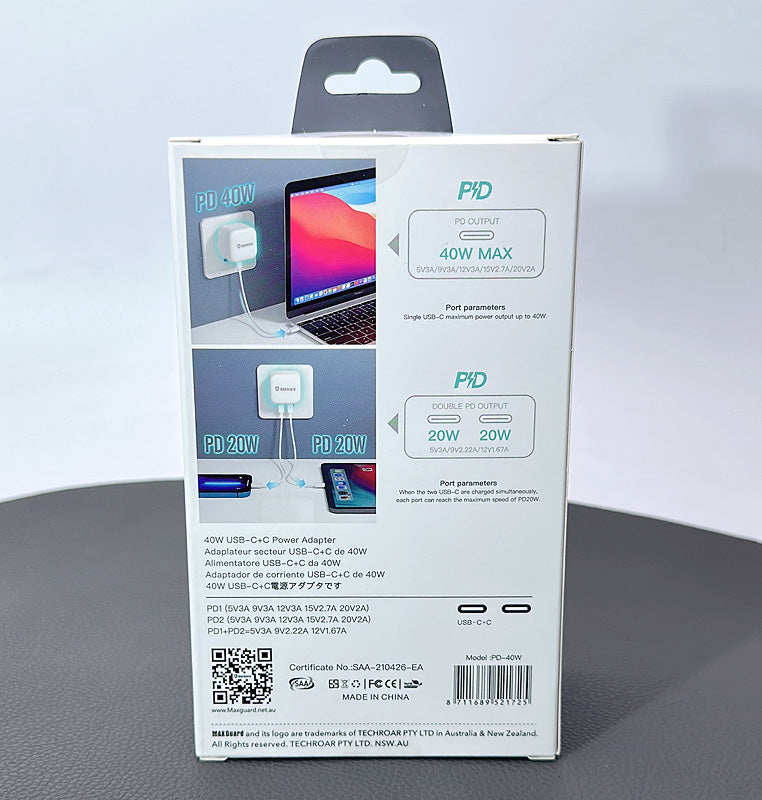 Maxguard PD 40W USB C+C Power adapter(AC) wall charger PD40W