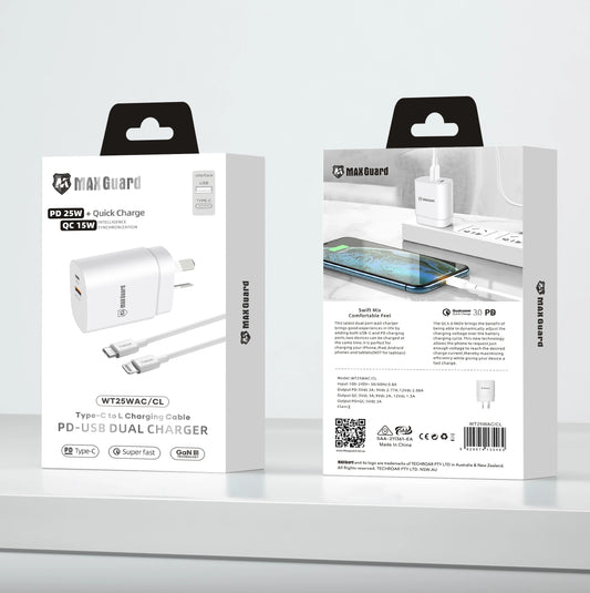 Maxguard PD 25W wall charger with Type-C to Lightning combo WT25WAC/CL