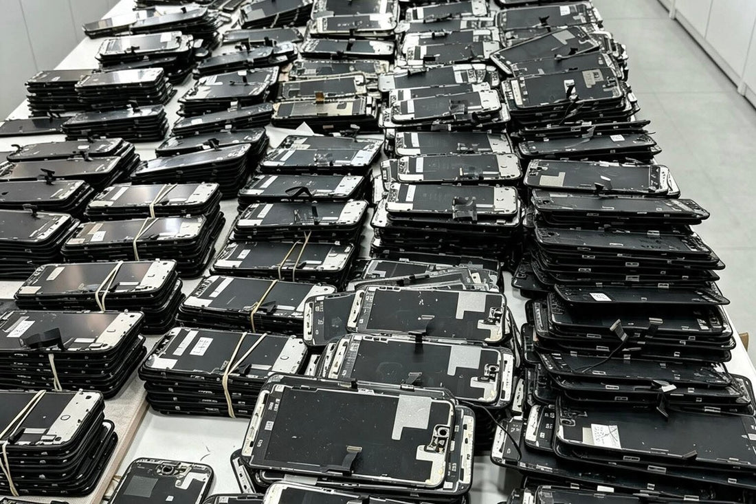 Stacks of iPhone back glass assemblies ready for reglass and top glass replacement — wholesale supplies for phone repair shops in NZ & AU