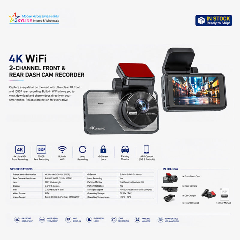 4K WiFi 2-Channel Front & Rear Dash Cam Recorder - Main product image