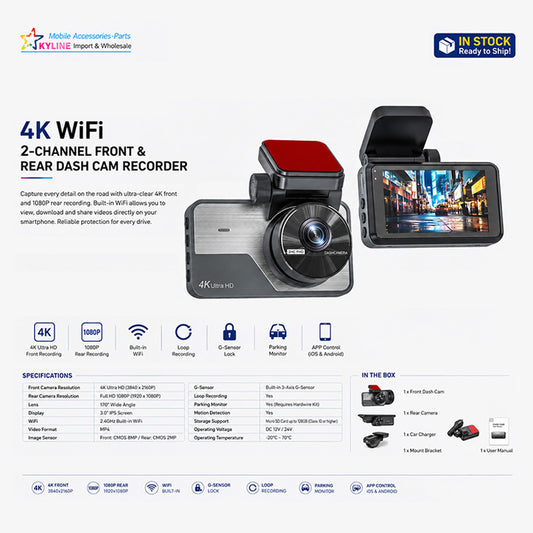 4K WiFi 2-Channel Front & Rear Dash Cam Recorder - Main product image