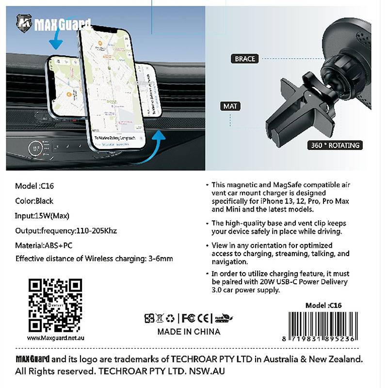 Maxguard 15W MagFit wierless Charger Car Holder  C16