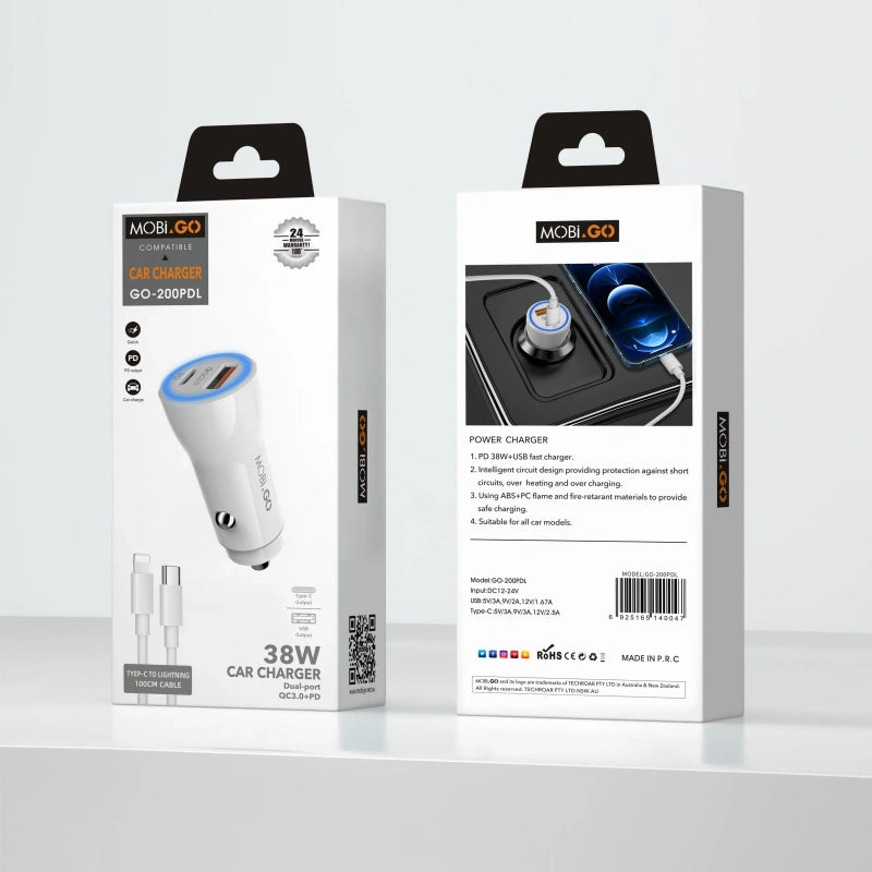 Mobigo  38W 2 UAB car charger with Type-C to Lightning combo GO200PDL