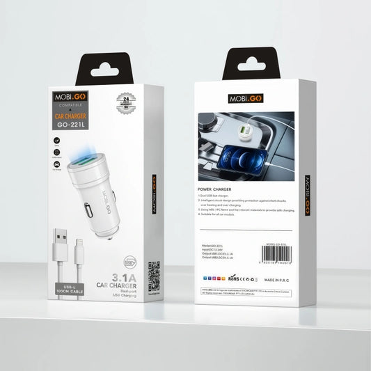 Mobigo 3.1A 2 USB car charger with USB-A to Lightning combo GO221L