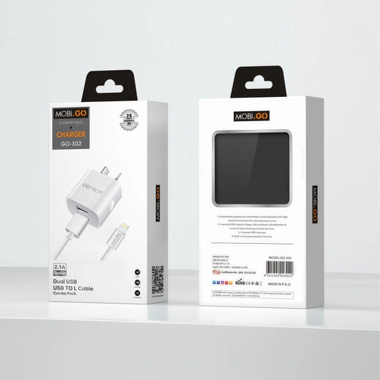 Mobigo 2.1A wall charger with USB-A to Lightning combo GO302