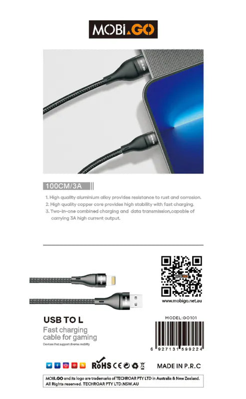 Mobigo 1m USB-A to Lightning cable GO101