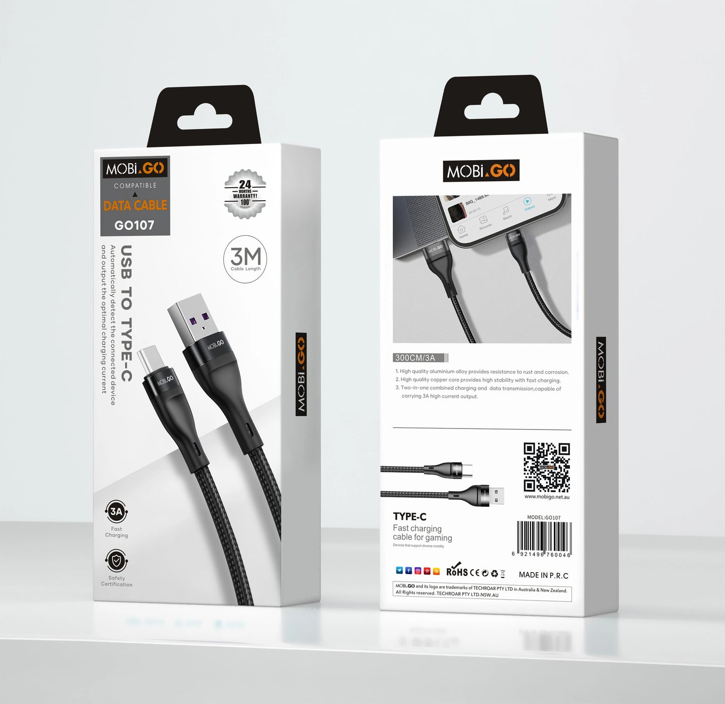 Mobigo 3m USB-A to C cable GO107