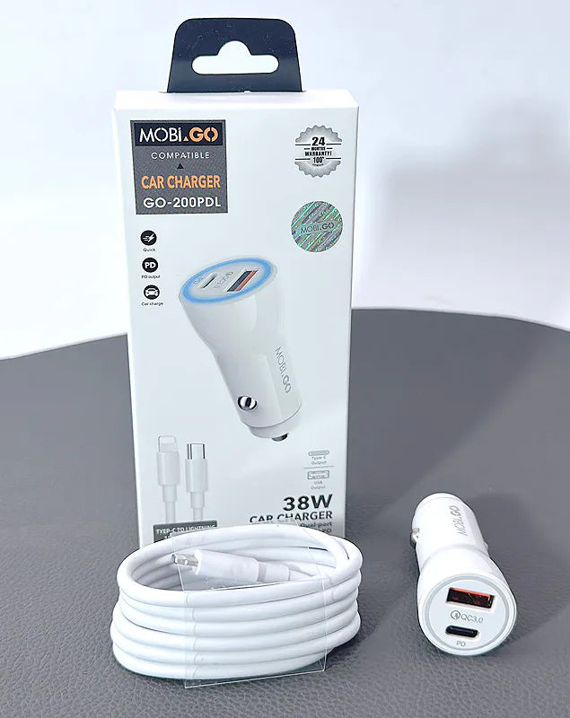 Mobigo  38W 2 UAB car charger with Type-C to Lightning combo GO200PDL