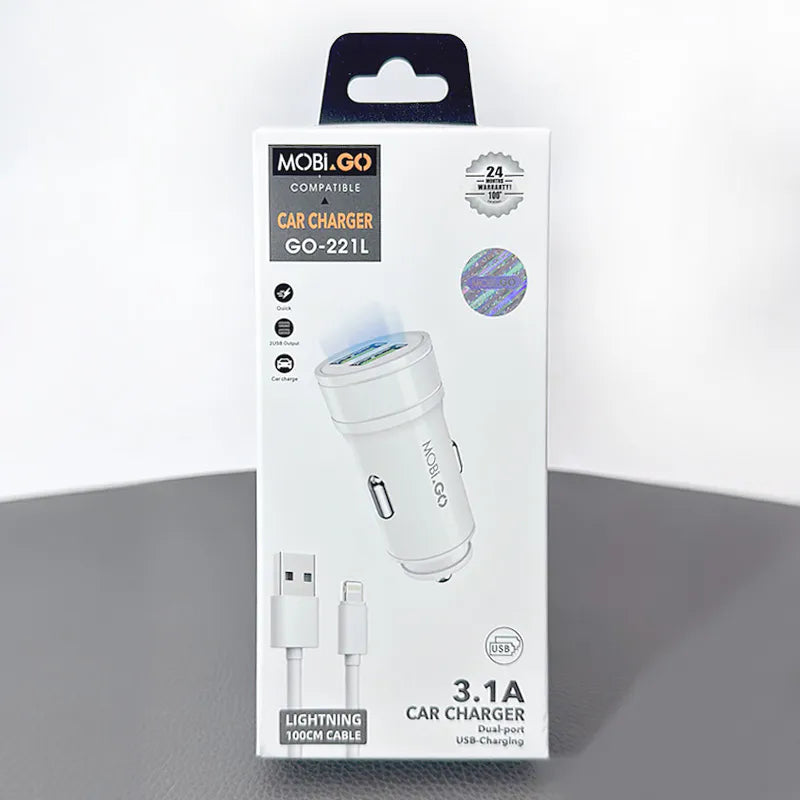 Mobigo 3.1A 2 USB car charger with USB-A to Lightning combo GO221L