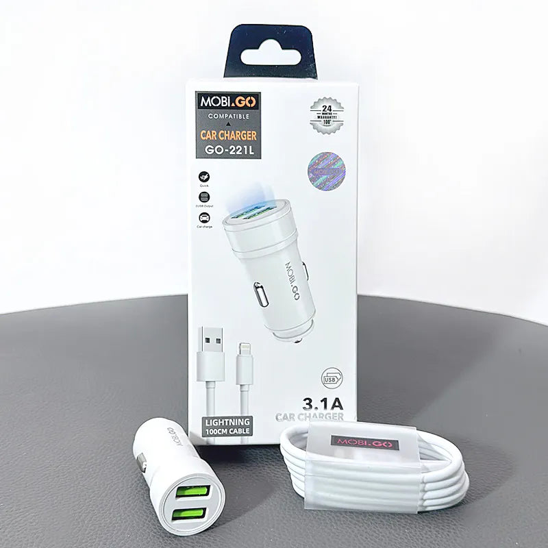 Mobigo 3.1A 2 USB car charger with USB-A to Lightning combo GO221L