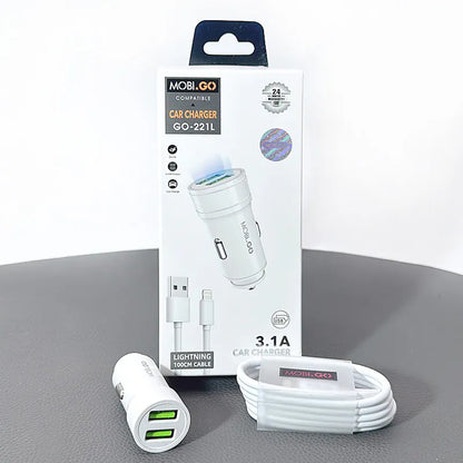 Mobigo 3.1A 2 USB car charger with USB-A to Lightning combo GO221L
