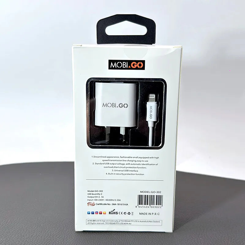Mobigo 2.1A wall charger with USB-A to Lightning combo GO302