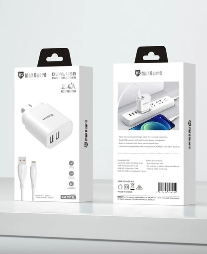 Maxguard 2.4A wall charger with USB-A to L combo KAC01L