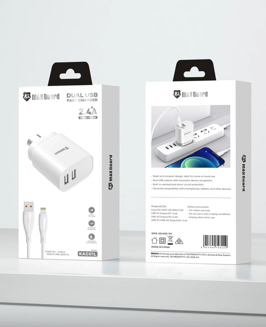 Maxguard 2.4A wall charger with USB-A to L combo KAC01L