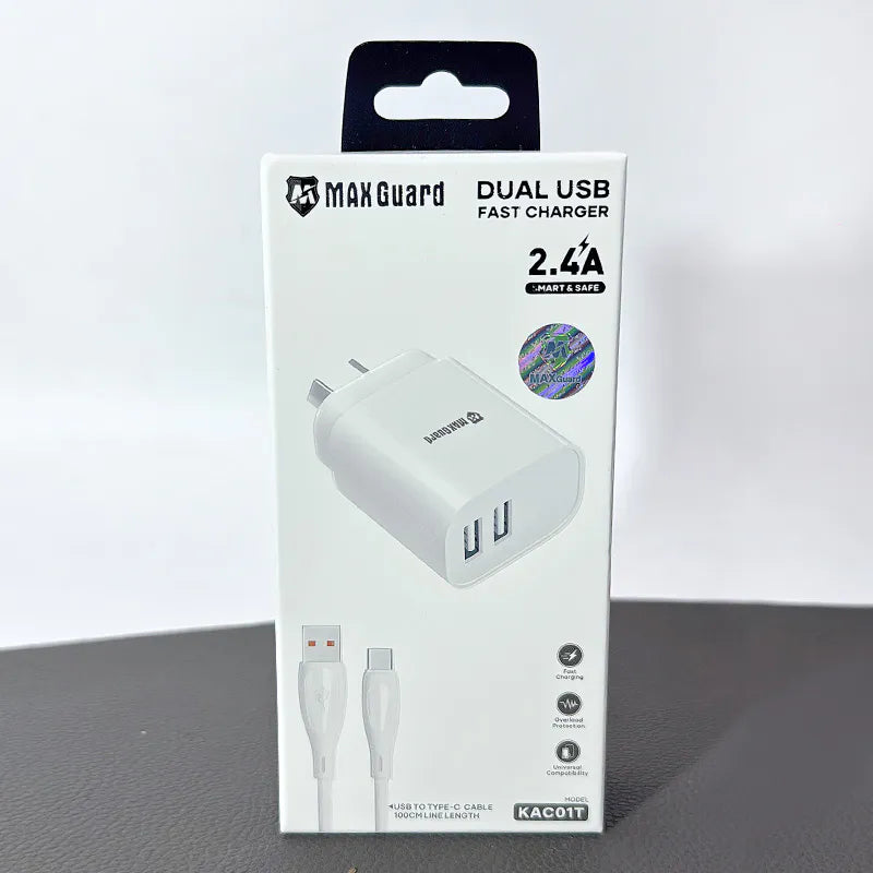 Maxguard 2.4A wall charger with USB-A to C combo KAC01T