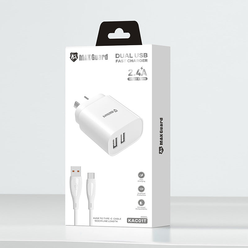 Maxguard 2.4A wall charger with USB-A to C combo KAC01T