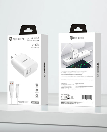 Maxguard 2.4A wall charger with USB-A to C combo KAC01T