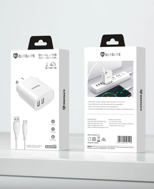 Maxguard 2.4A wall charger with USB-A to C combo KAC01T