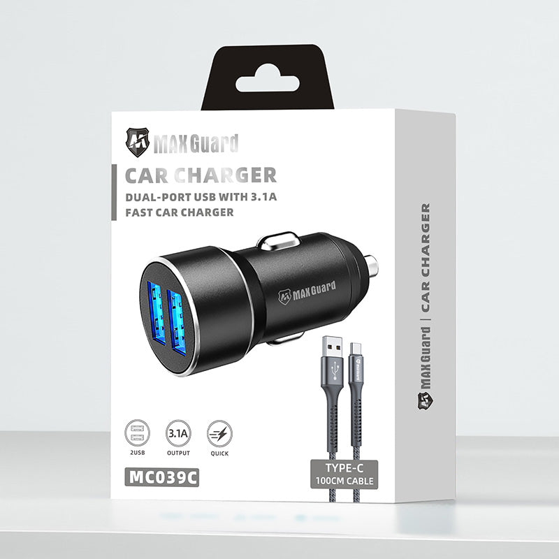 Maxguard 3.1A 2 USB car charger with USB-A to C combo MC039C