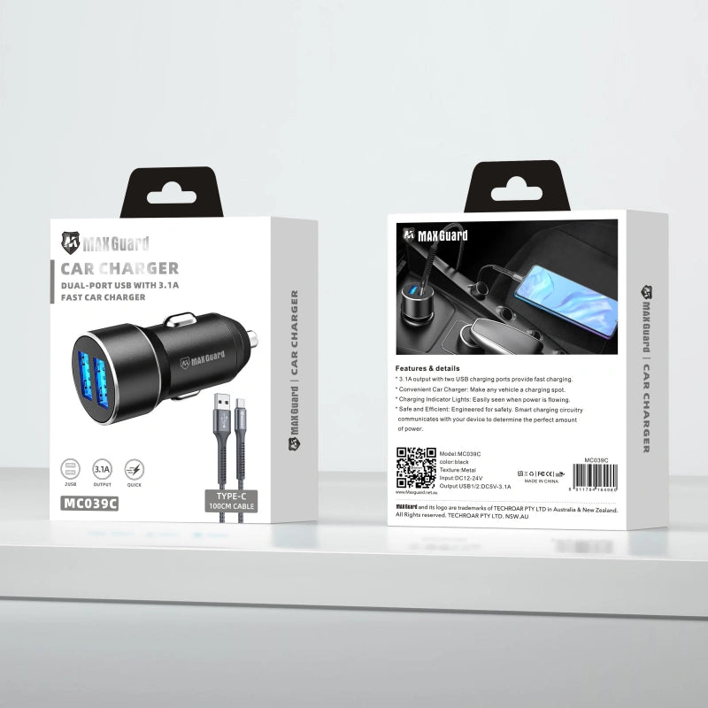 Maxguard 3.1A 2 USB car charger with USB-A to C combo MC039C