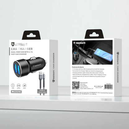 Maxguard 3.1A 2 USB car charger with USB-A to C combo MC039C