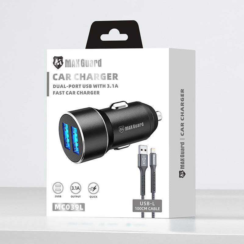 Maxguard 3.1A 2 USB car charger with USB-A to Lightning combo MC039L