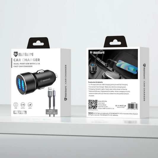Maxguard 3.1A 2 USB car charger with USB-A to Lightning combo MC039L