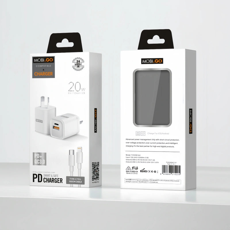 Mobigo PD 20W wall charger with Type-C to Lightning combo TCS2081ACLC