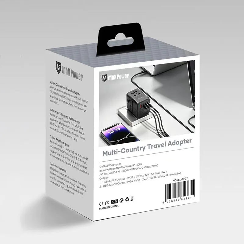 MaxPower TP02 65W GaN All-in-One Travel Adapter
