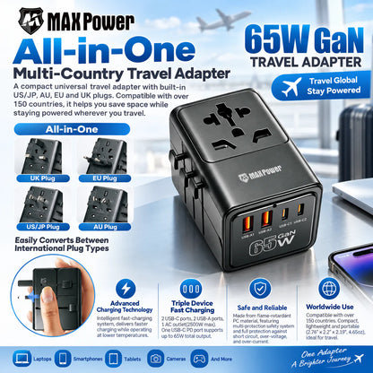 MaxPower TP02 65W GaN All-in-One Travel Adapter