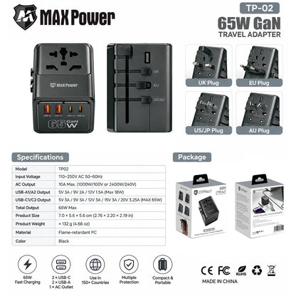 MaxPower TP02 65W GaN All-in-One Travel Adapter