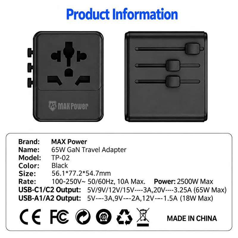 MaxPower TP02 65W GaN All-in-One Travel Adapter