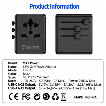 MaxPower TP02 65W GaN All-in-One Travel Adapter