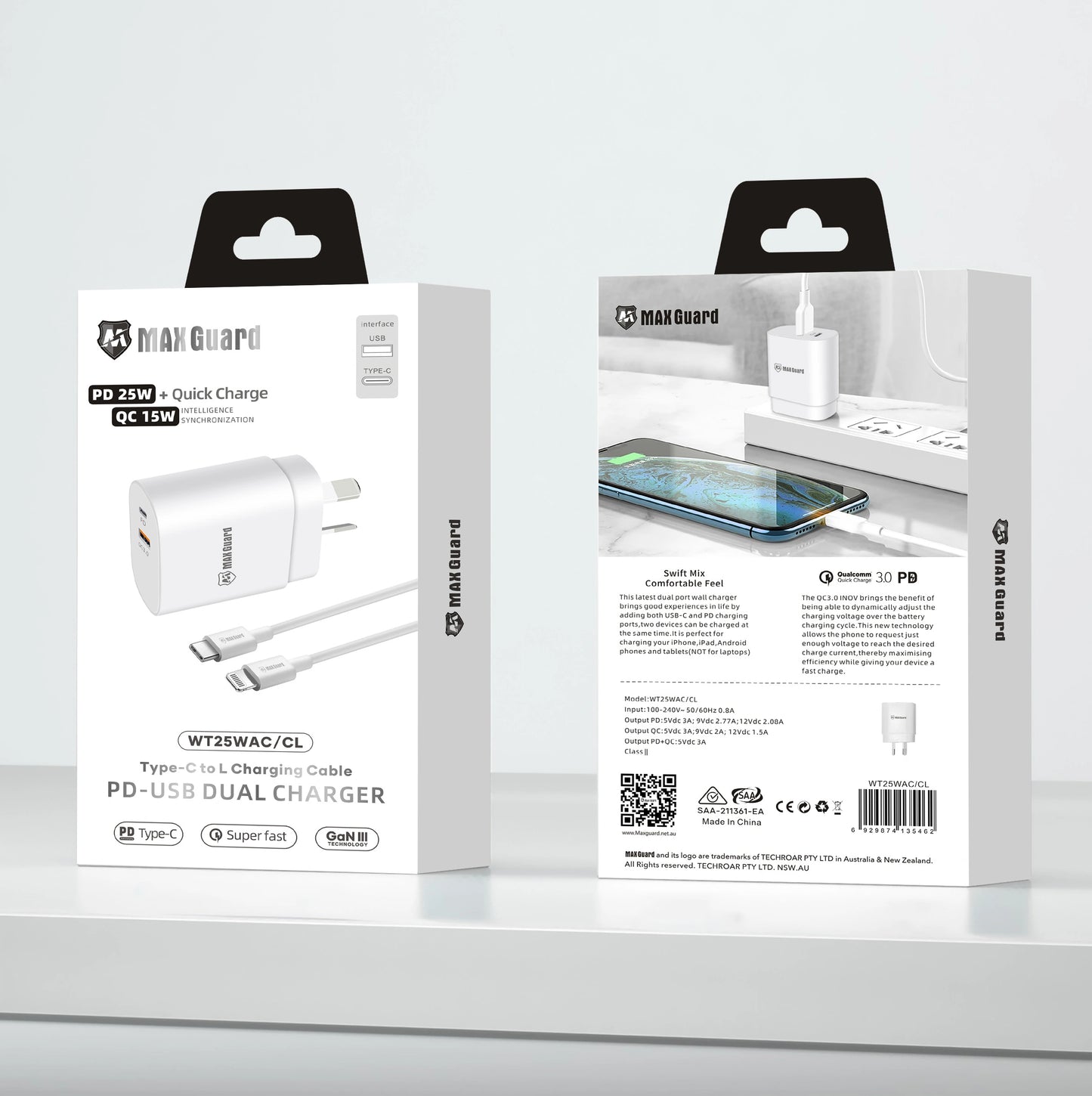 Maxguard PD 25W wall charger with Type-C to Lightning combo WT25WAC/CL