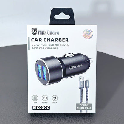 Maxguard 3.1A 2 USB car charger with USB-A to C combo MC039C
