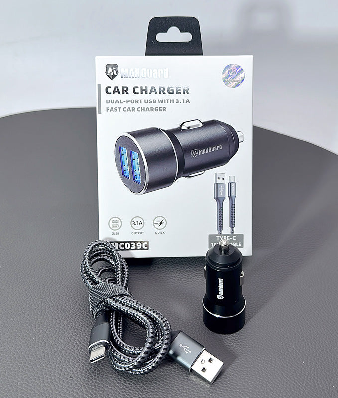 Maxguard 3.1A 2 USB car charger with USB-A to C combo MC039C