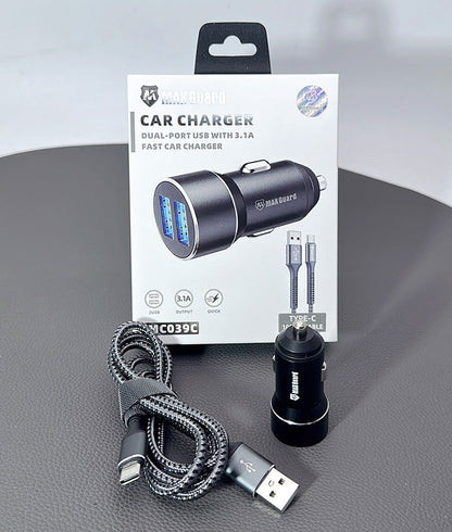 Maxguard 3.1A 2 USB car charger with USB-A to C combo MC039C