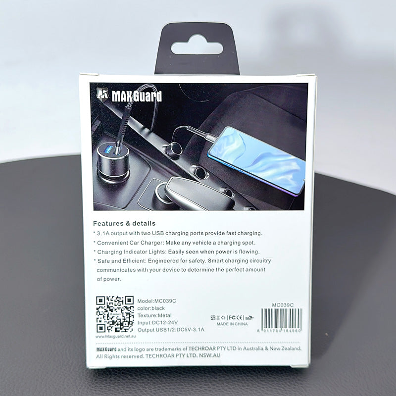 Maxguard 3.1A 2 USB car charger with USB-A to C combo MC039C