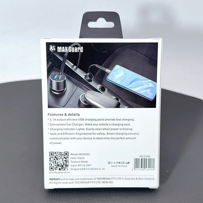 Maxguard 3.1A 2 USB car charger with USB-A to C combo MC039C