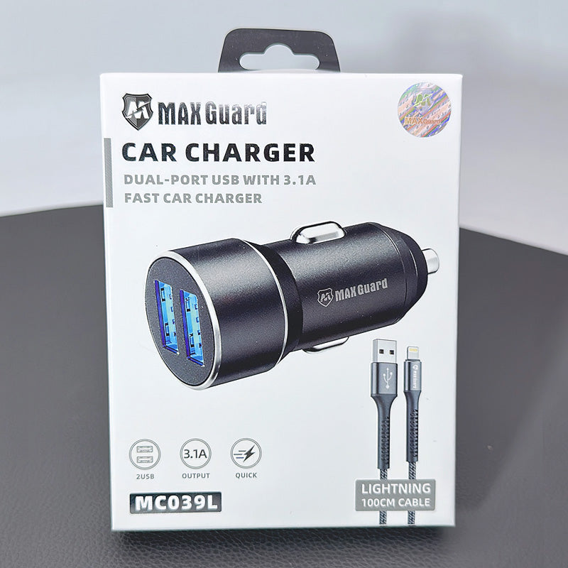 Maxguard 3.1A 2 USB car charger with USB-A to Lightning combo MC039L
