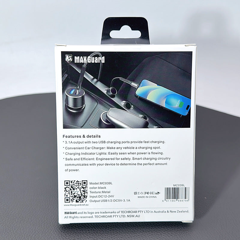 Maxguard 3.1A 2 USB car charger with USB-A to Lightning combo MC039L