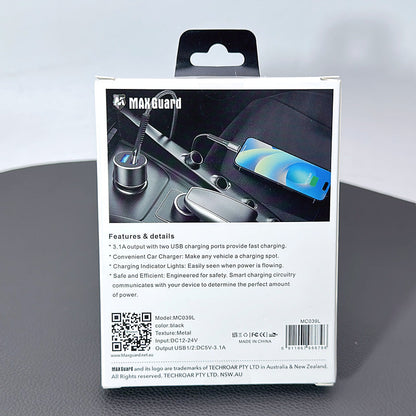 Maxguard 3.1A 2 USB car charger with USB-A to Lightning combo MC039L