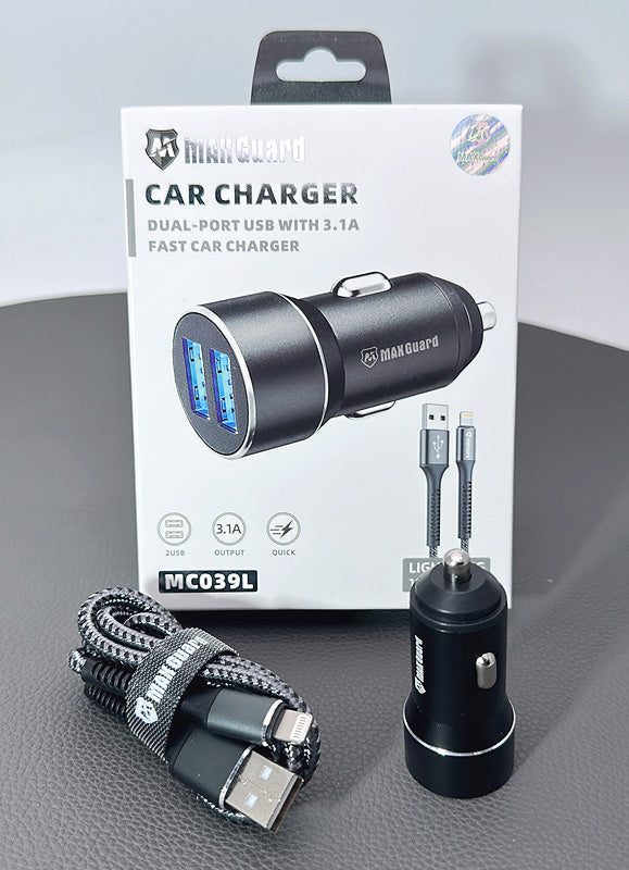 Maxguard 3.1A 2 USB car charger with USB-A to Lightning combo MC039L