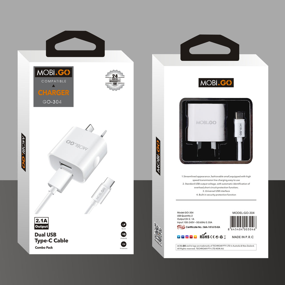 Mobigo 2.1A wall charger with USB-A to C combo GO304