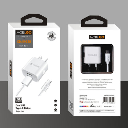 Mobigo 2.1A wall charger with USB-A to C combo GO304